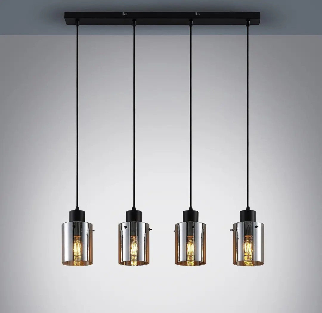 Lindby Hanglamp 4-Lichts - Staal/Glas - E27 - Zwart/Rookgrijs