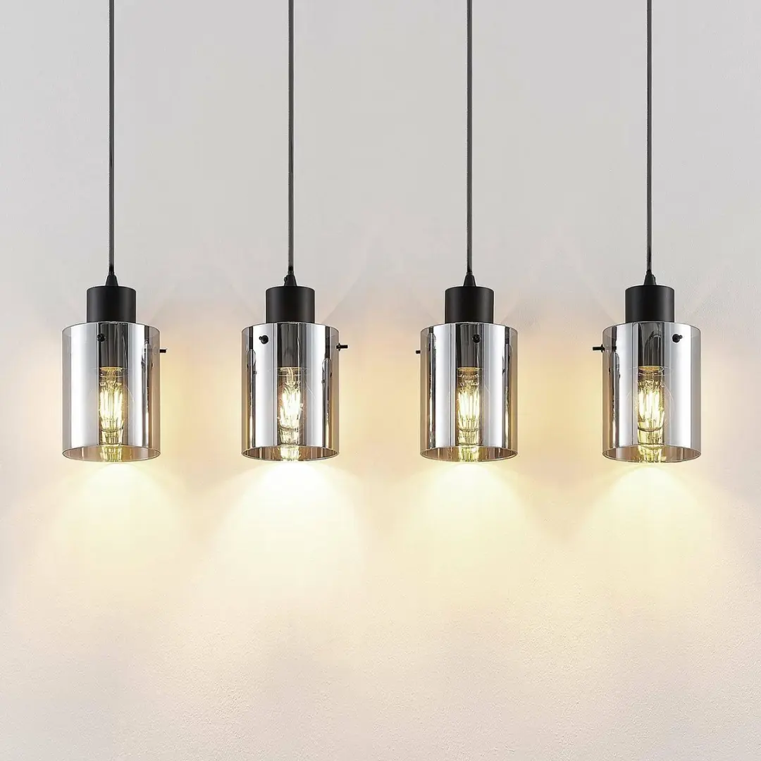 Lindby Hanglamp 4-Lichts - Staal/Glas - E27 - Zwart/Rookgrijs