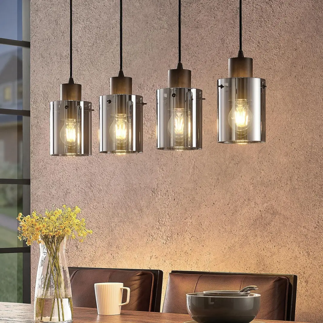 Lindby Hanglamp 4-Lichts - Staal/Glas - E27 - Zwart/Rookgrijs