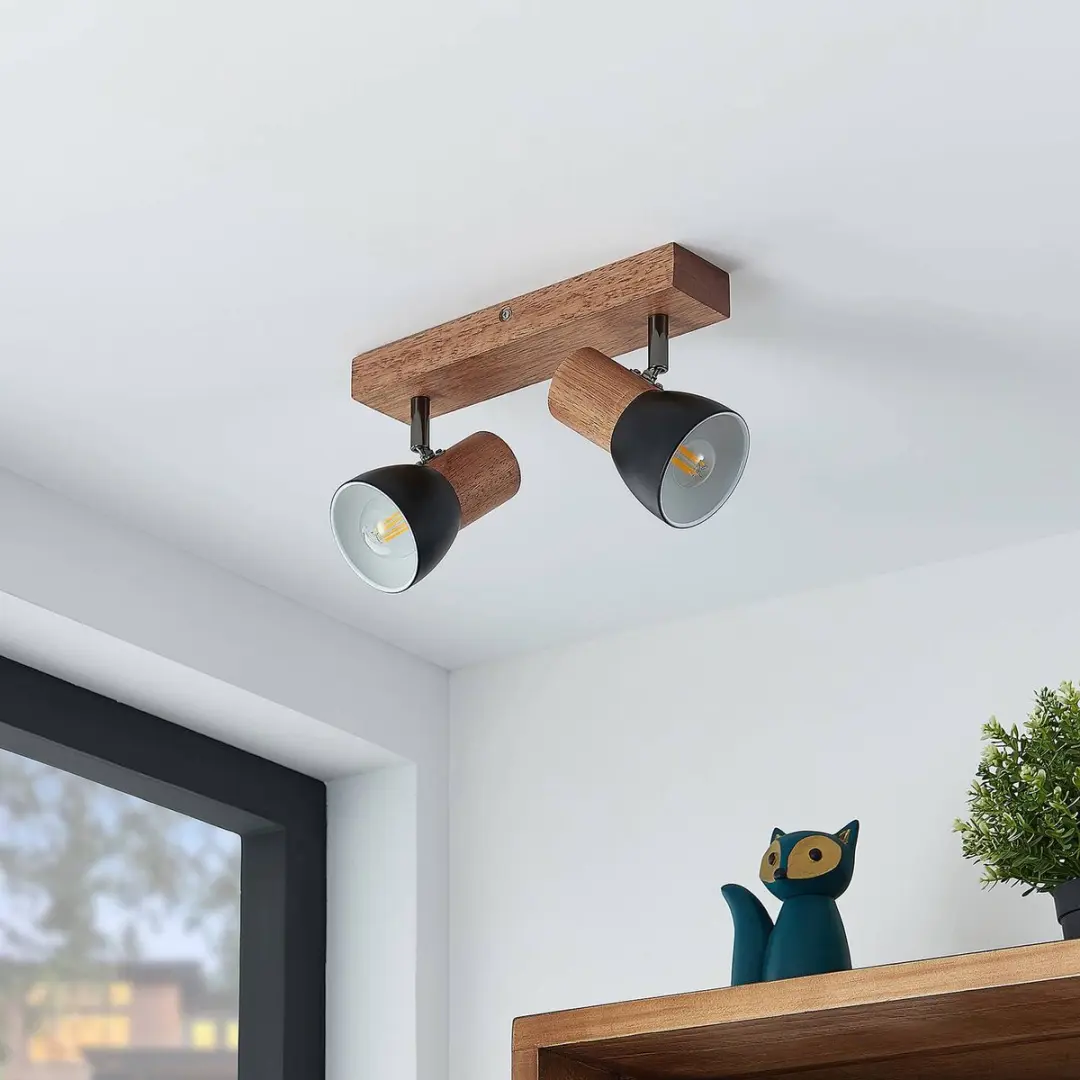 Lindby Buitenspot 2 Lichtpunten Staal - Zwart/Licht Hout