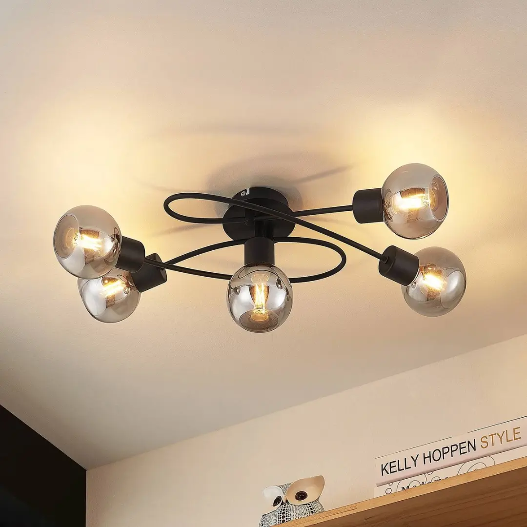 Lindby Plafondlamp 5-Lichts E14 - Zwart/Rookglas