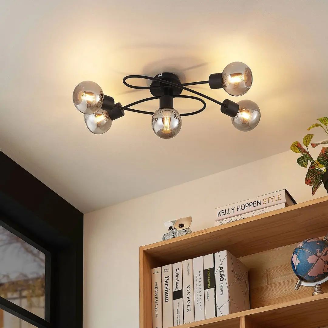 Lindby Plafondlamp 5-Lichts E14 - Zwart/Rookglas