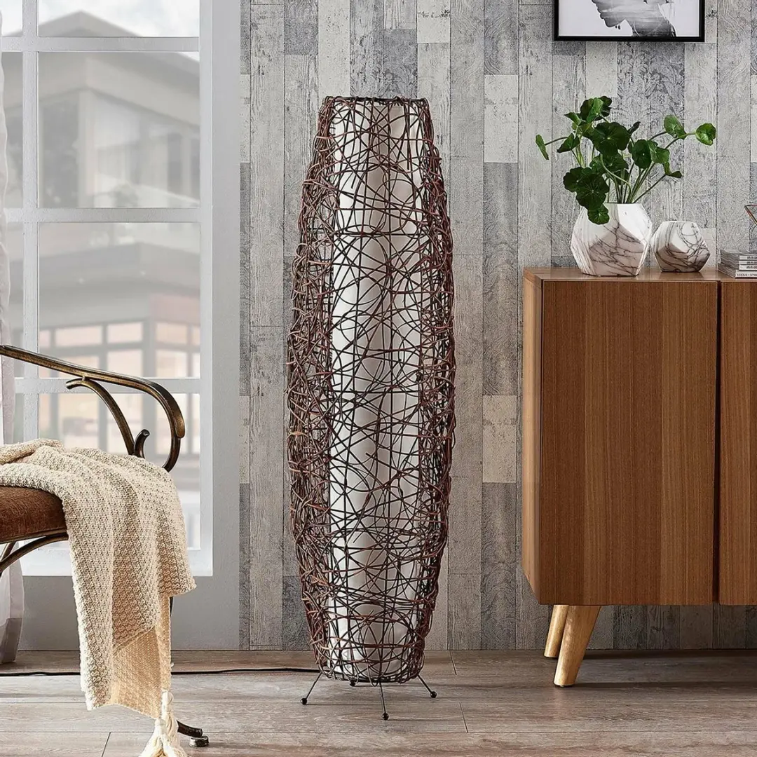 Lindby Vloerlamp 2-lichts Rotan - 111cm - E14 - Bruin/Wit