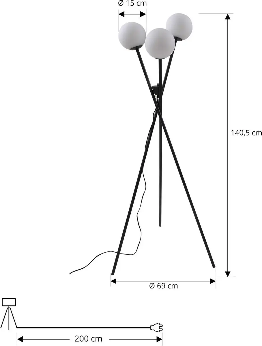 Lucande Driepoot Vloerlamp 3-lichts - Metaal/Glas - H141cm - Zwart/Wit