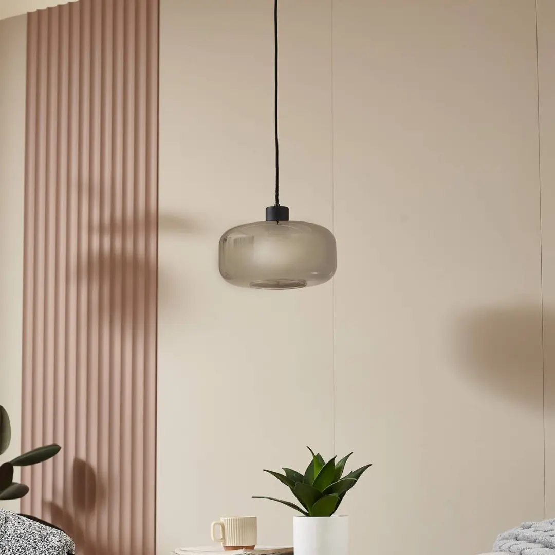 Lindby Hanglamp Glas 1 Licht - Ø28,5cm - Rookgrijs/Zandzwart