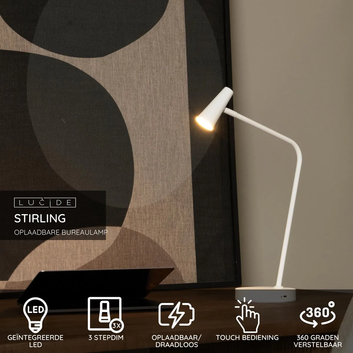 Lucide Stirling Oplaadbare Bureaulamp 3W - Wit