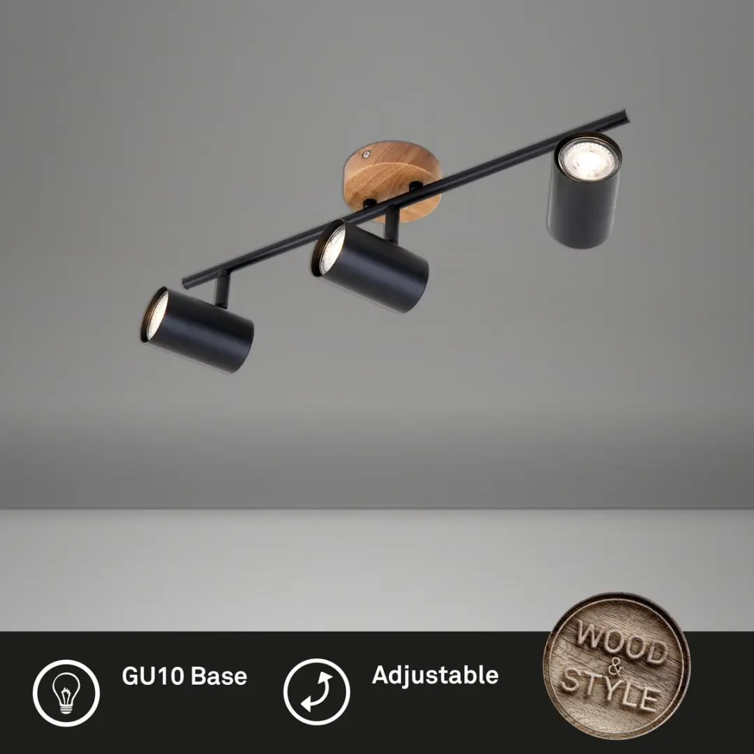Briloner Wood & Style Plafondlamp 3x GU10 - Hout/Metal - Zwart