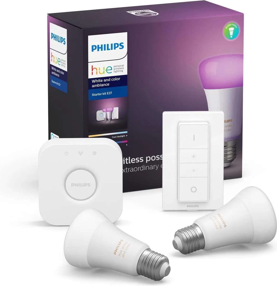 Philips Hue Starterpakket E27 White and Color Ambiance - 2x9W - Incl. Bridge & Dimmer