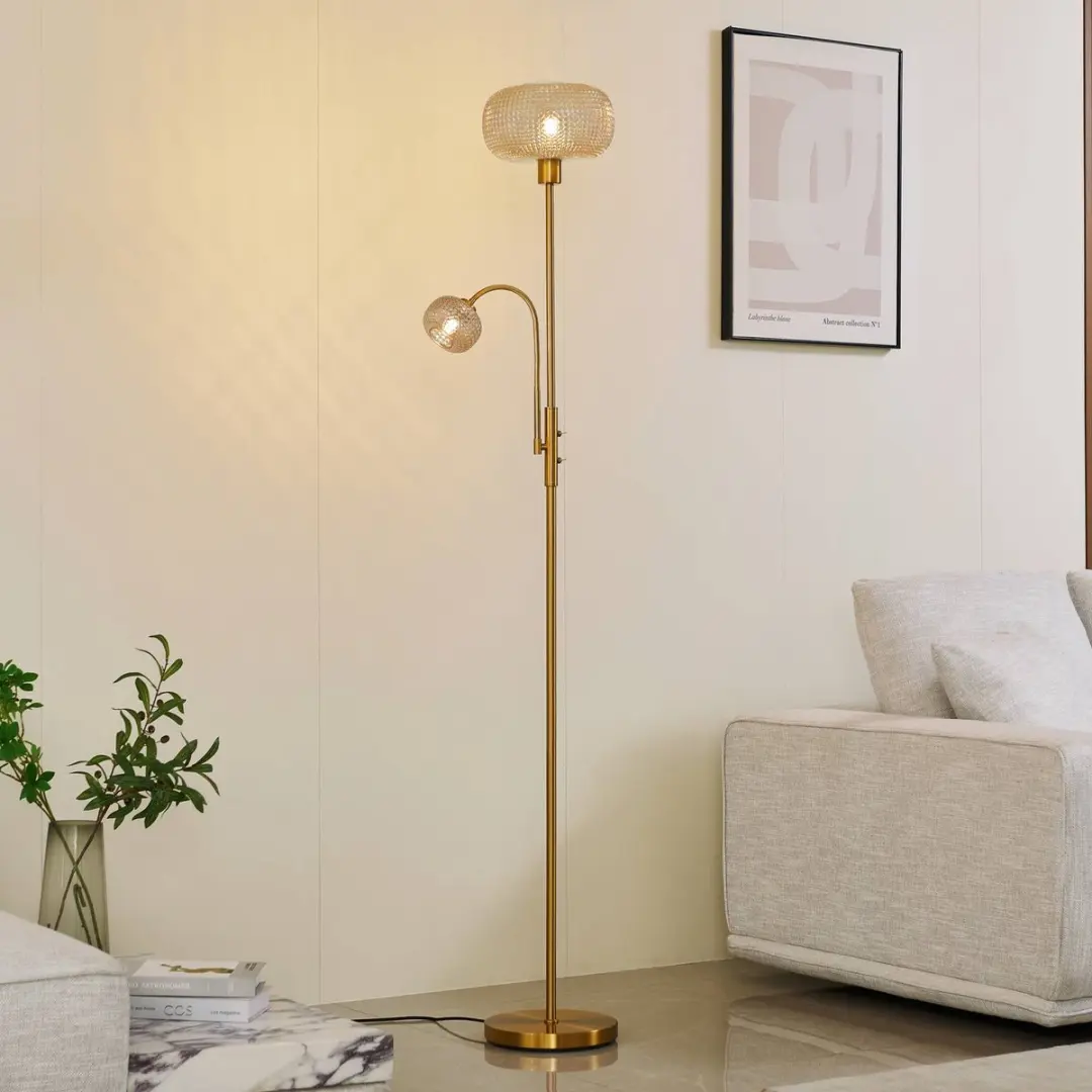 Lindby Vloerlamp 2-lichts Glas - 180cm - E27 Amber/Goud