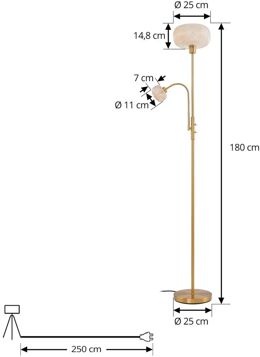 Lindby Vloerlamp 2-lichts Glas - 180cm - E27 Amber/Goud