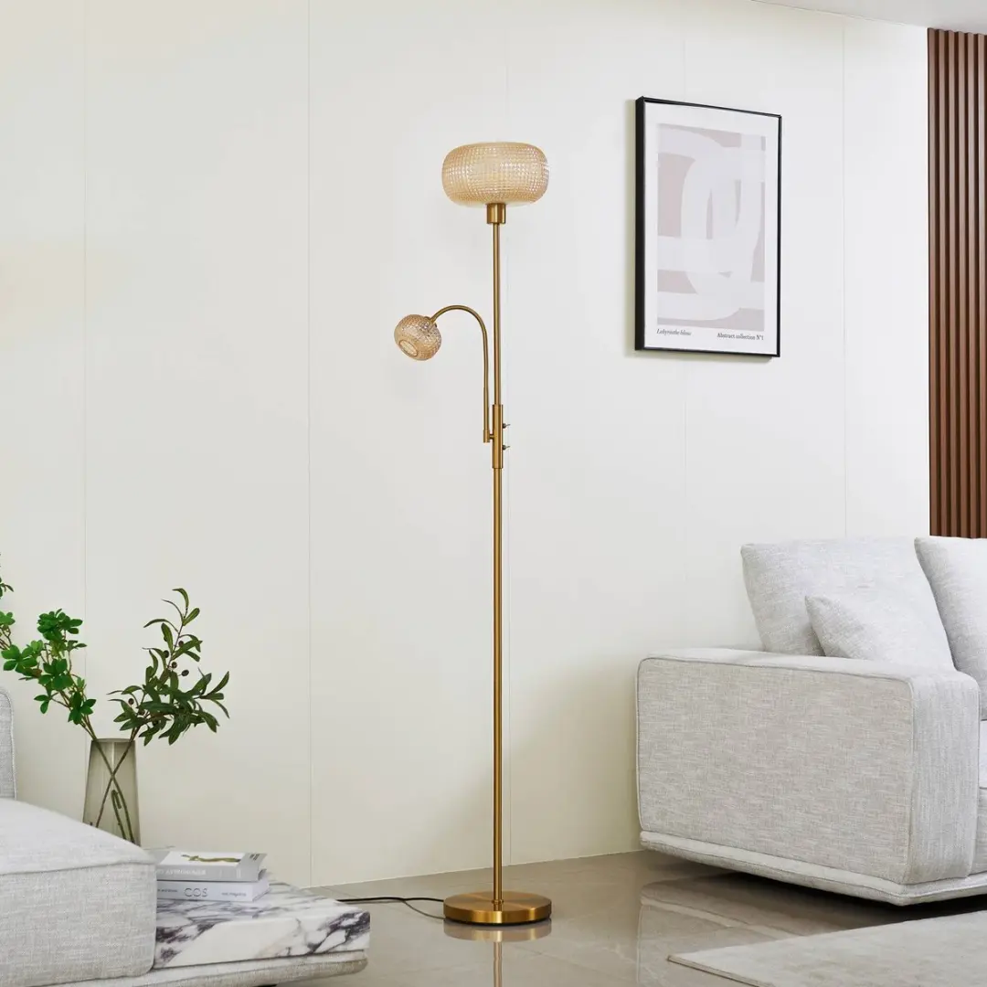 Lindby Vloerlamp 2-lichts Glas - 180cm - E27 Amber/Goud