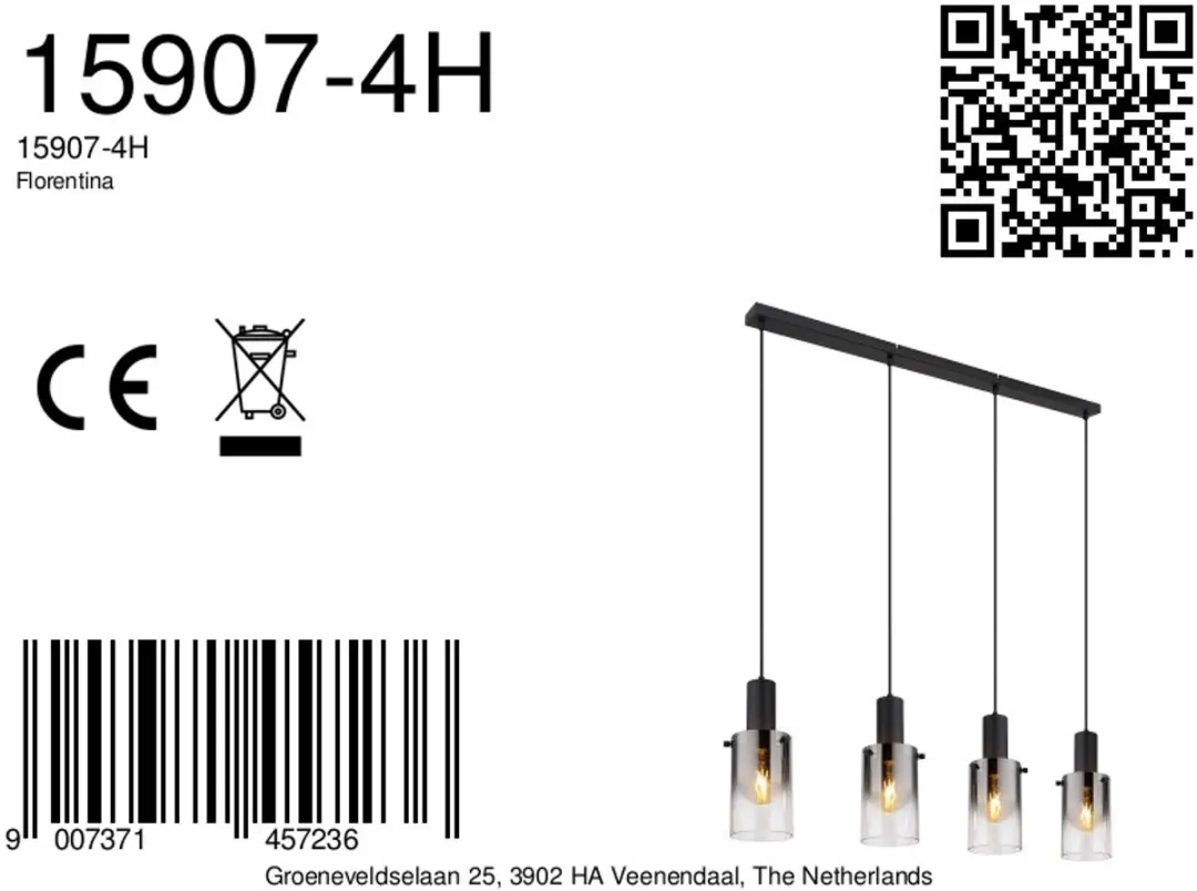 Globo Florentina Hanglamp - 4 Lichtpunten - Zwart - Ø13cm - afbeelding 6 van 6