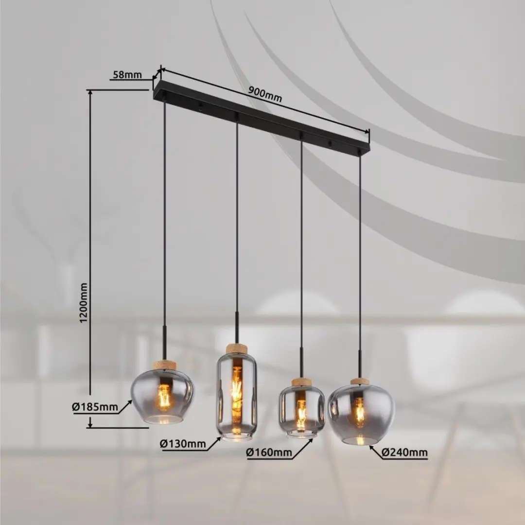 Globo Hanglamp E27 4x - Zwart - Smoke Glas