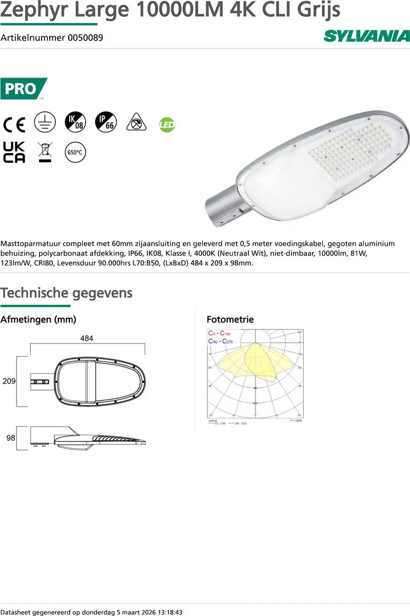 Sylvania Zephyr LED Straatverlichting 81W 10.000lm - Grijs