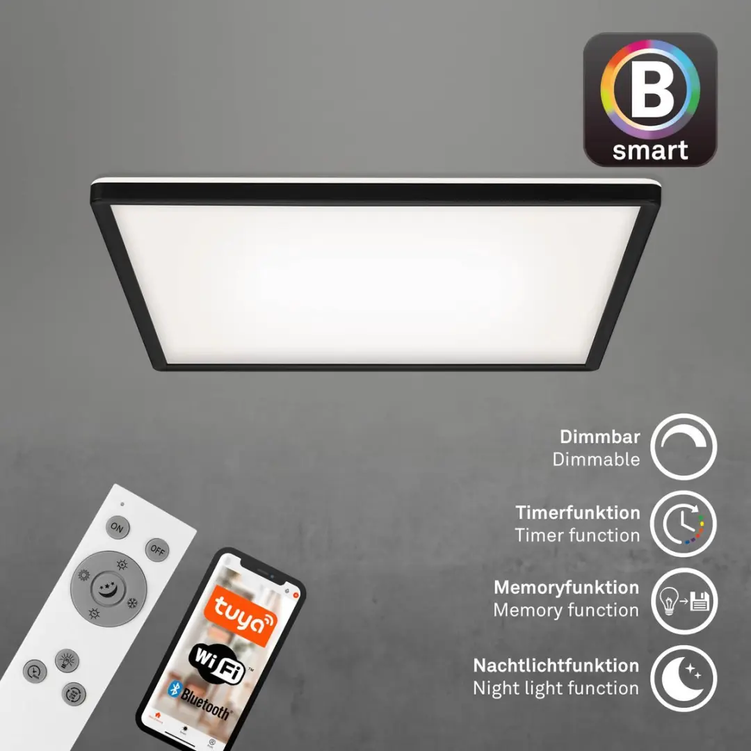 Briloner Slim S LED Plafondlamp 22W - Nachtlicht & Timer - 42cm Zwart