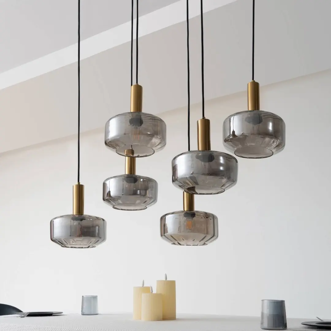 Lindby Hanglamp 6-Lichts - 22cm - Rookgrijs/Messing