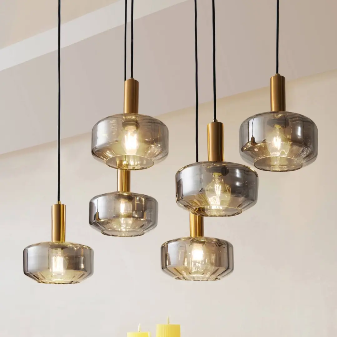 Lindby Hanglamp 6-Lichts - 22cm - Rookgrijs/Messing