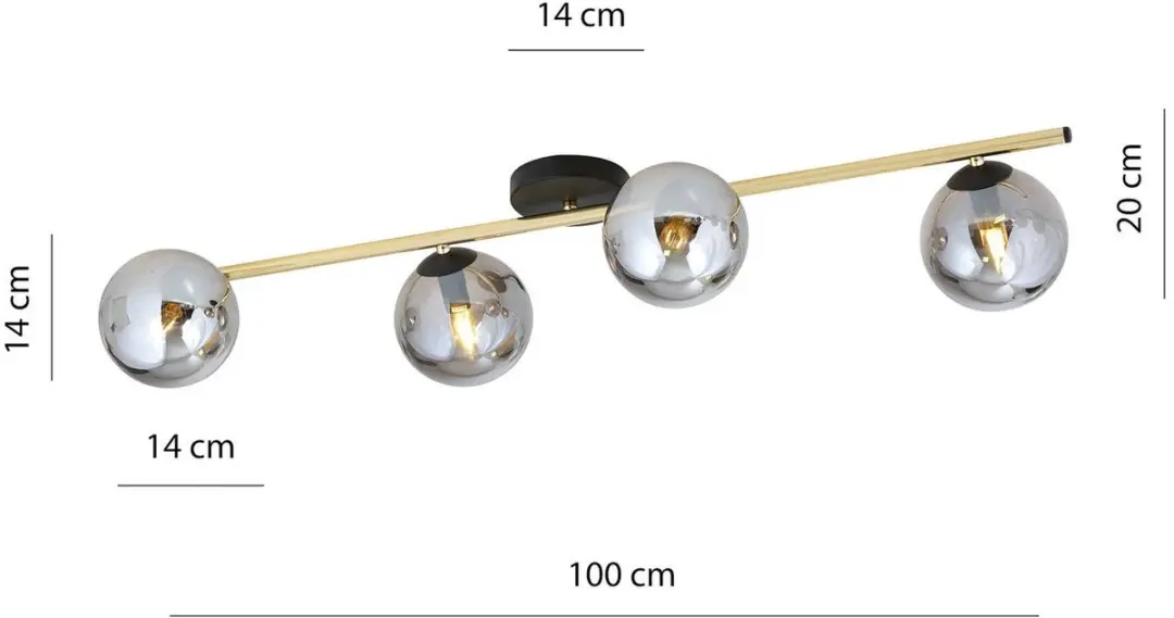 Euluna Plafondlamp 4-Lichts Staal Glas - Zwart/Goud/Rookgrijs - afbeelding 4 van 5