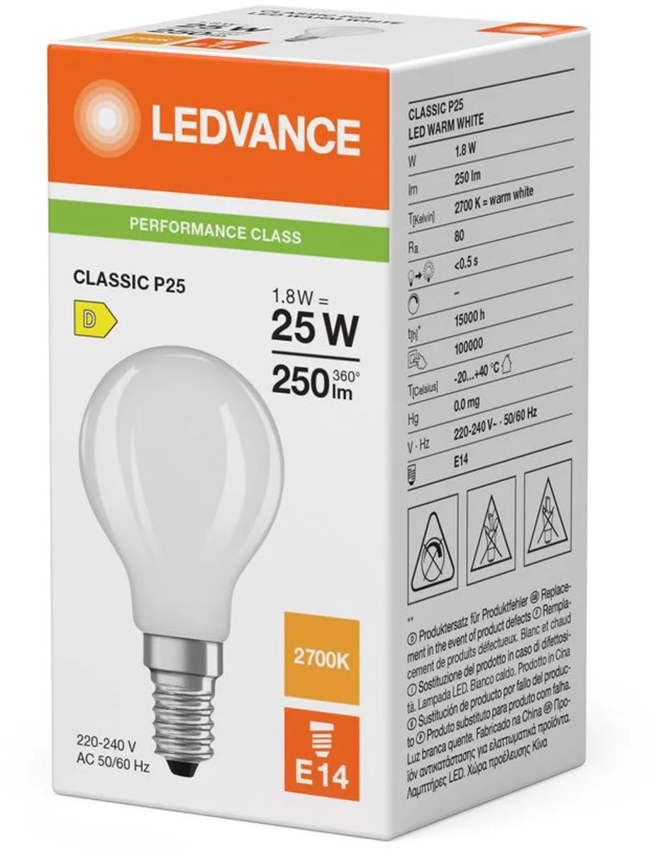 LEDVANCE LED Filament Kogellamp E14 1.8W 250lm - Mat Glas Ø45mm