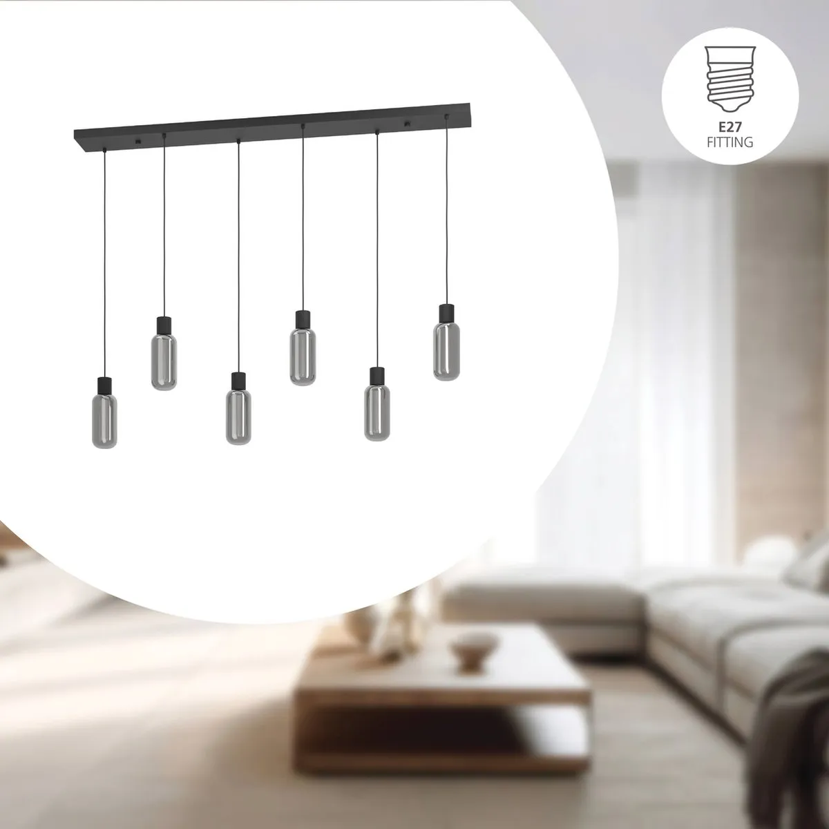 Eglo Majone Hanglamp E27 - 138cm - Zwart/Grijs - Rookglas