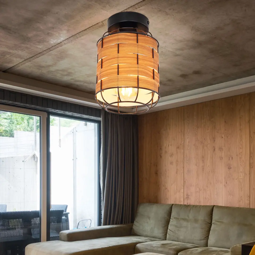 Globo Plafondlamp Metaal Zwart Houtlook E27 - 15x22cm