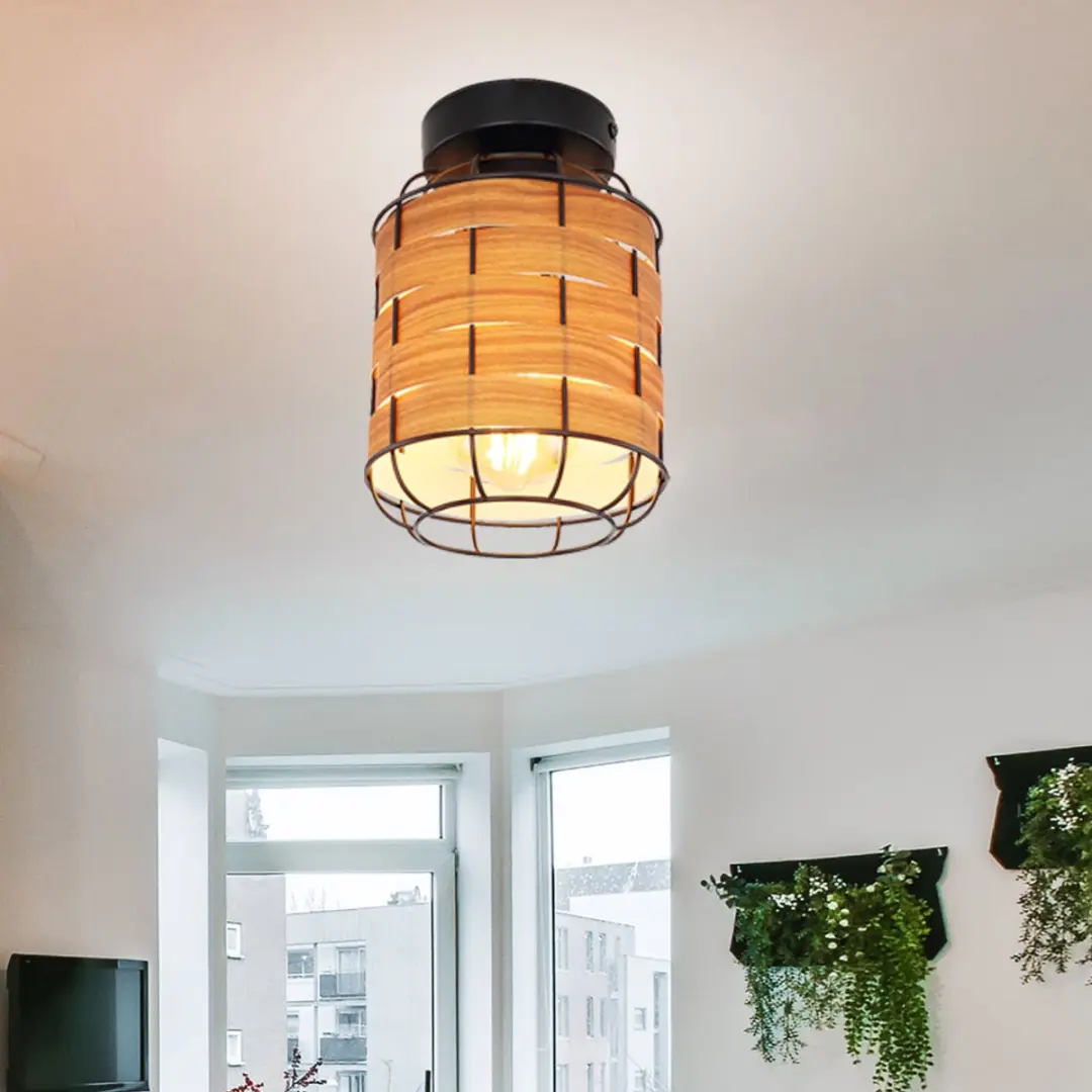 Globo Plafondlamp Metaal Zwart Houtlook E27 - 15x22cm
