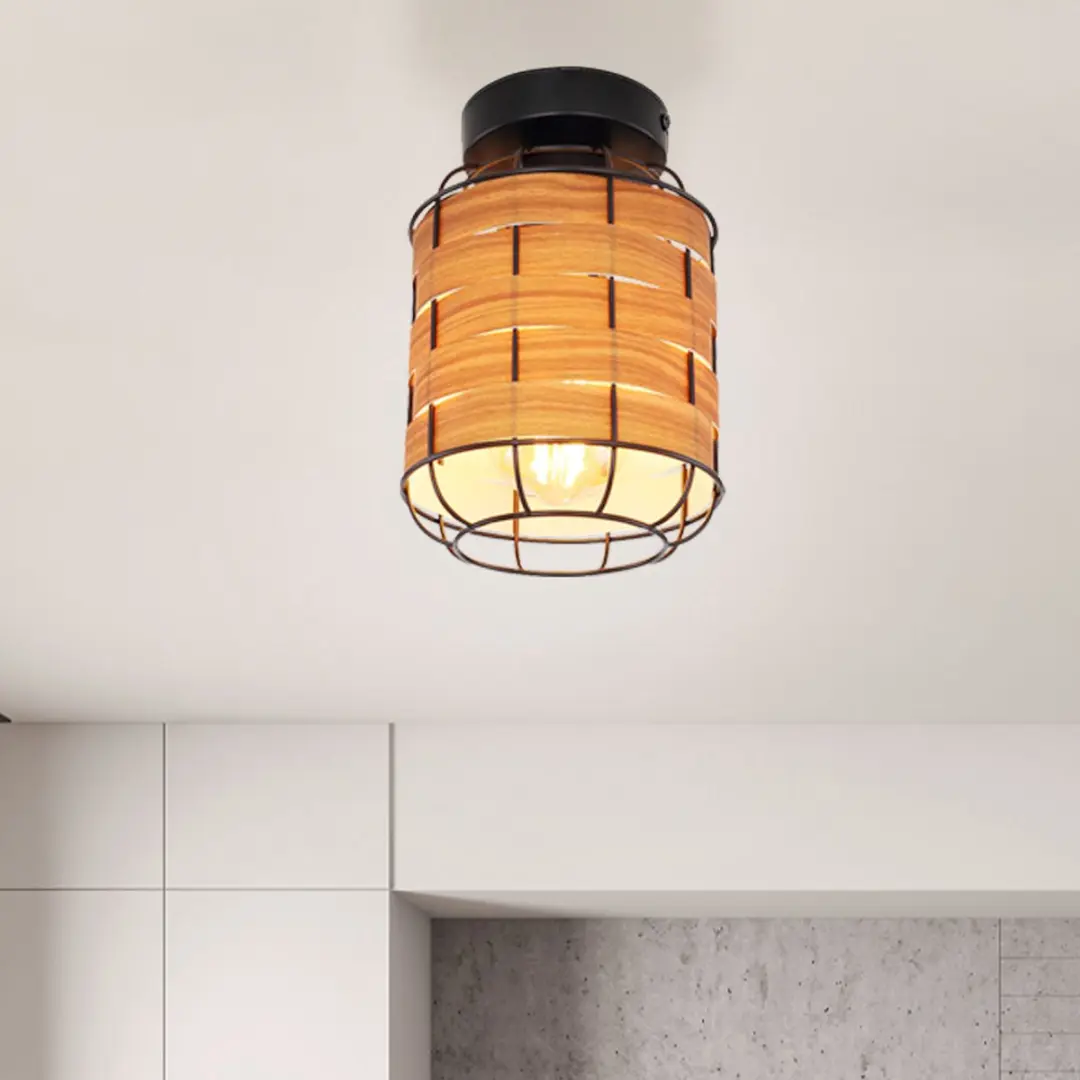 Globo Plafondlamp Metaal Zwart Houtlook E27 - 15x22cm
