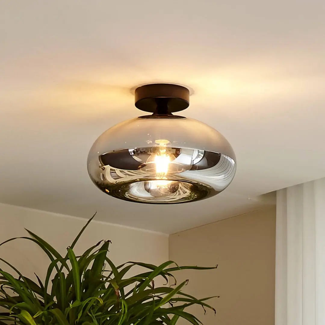 Lindby Plafondlamp Metaal Glas 1 Lichtpunt - 28cm - Zwart/Rookgrijs