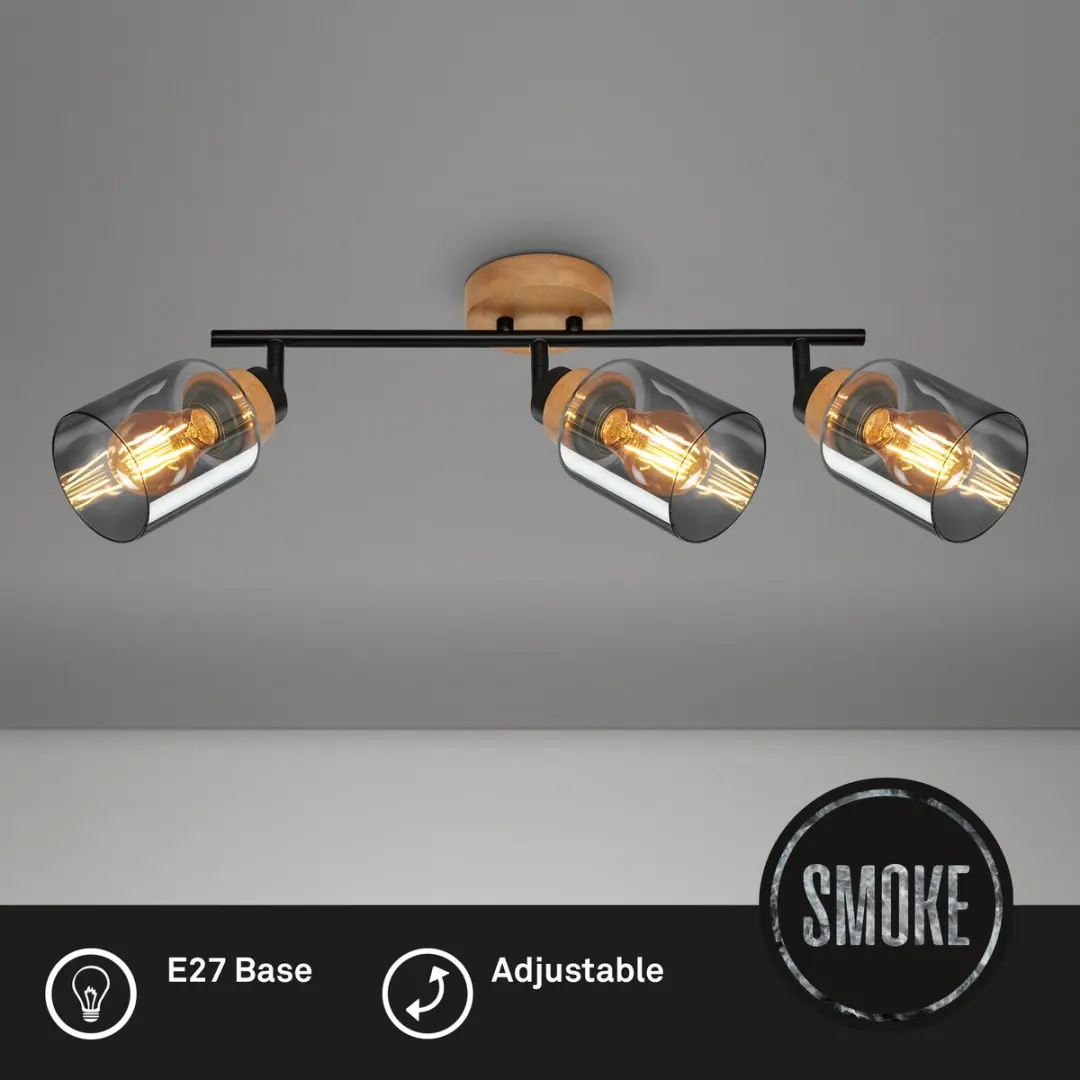 Briloner Plafondlamp Rookglas 3x30W - Zwart-hout