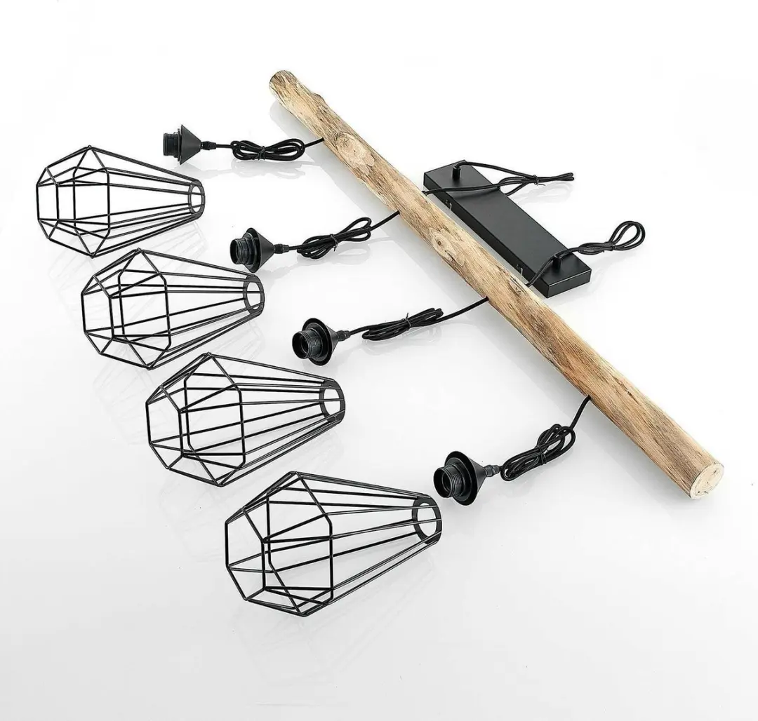 Lindby Hanglamp 4-Lichts - Matzwart/Licht Hout