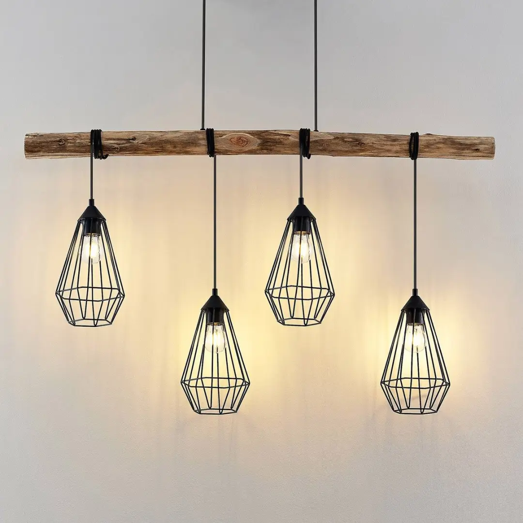 Lindby Hanglamp 4-Lichts - Matzwart/Licht Hout