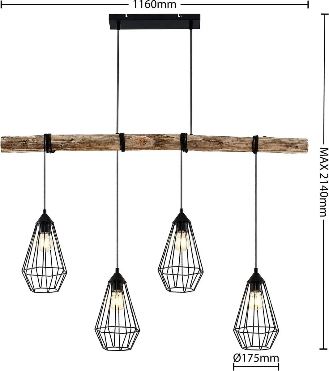 Lindby Hanglamp 4-Lichts - Matzwart/Licht Hout