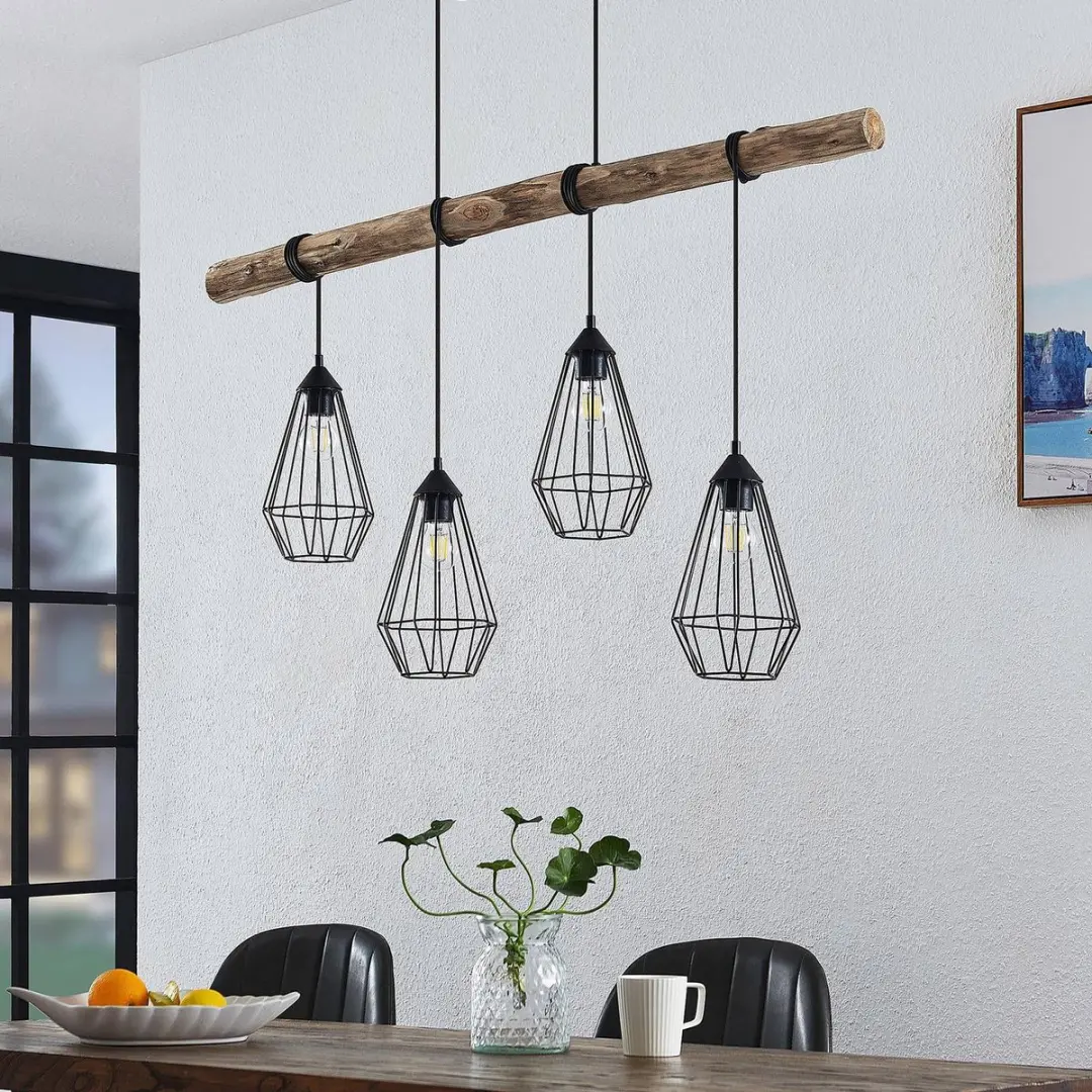 Lindby Hanglamp 4-Lichts - Matzwart/Licht Hout
