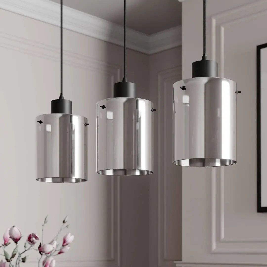 Lindby Hanglamp 3-lichts - Staal/Glas - Ø15cm - Zwart/Rookgrijs