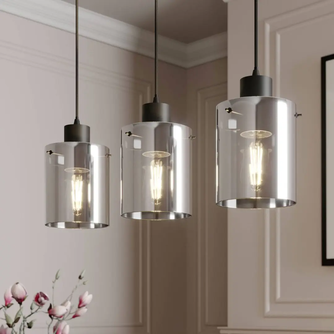 Lindby Hanglamp 3-lichts - Staal/Glas - Ø15cm - Zwart/Rookgrijs