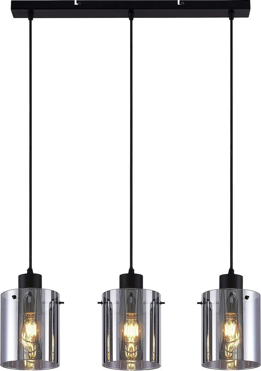 Lindby Hanglamp 3-lichts - Staal/Glas - Ø15cm - Zwart/Rookgrijs