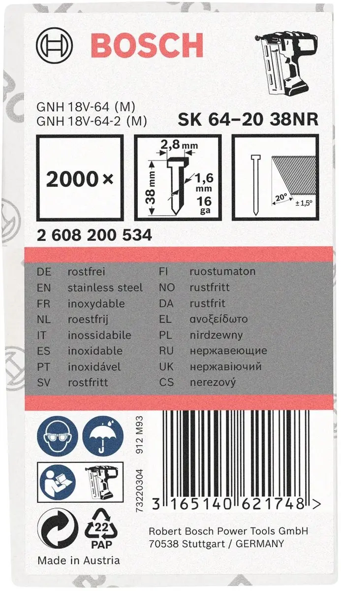 Bosch SPIJKER SK64-20 38NR - Nagel met verzonken kop
