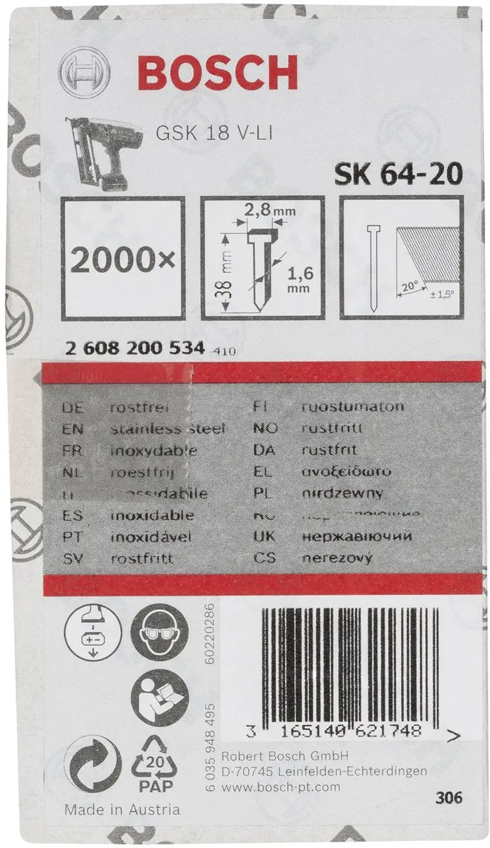 Bosch SPIJKER SK64-20 38NR - Nagel met verzonken kop