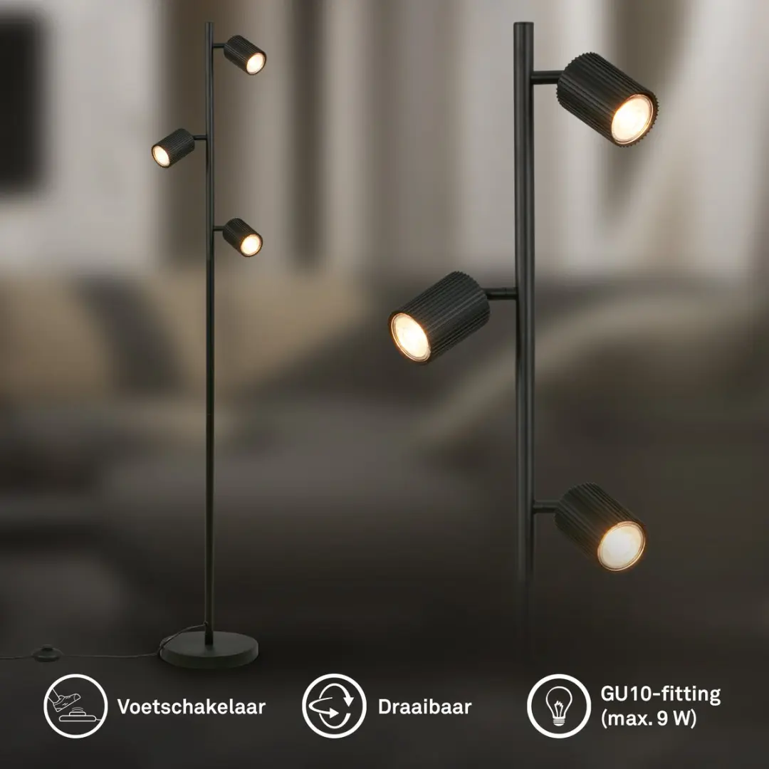 Briloner Ida Vloerlamp - 3x GU10 - 141cm - Zwart