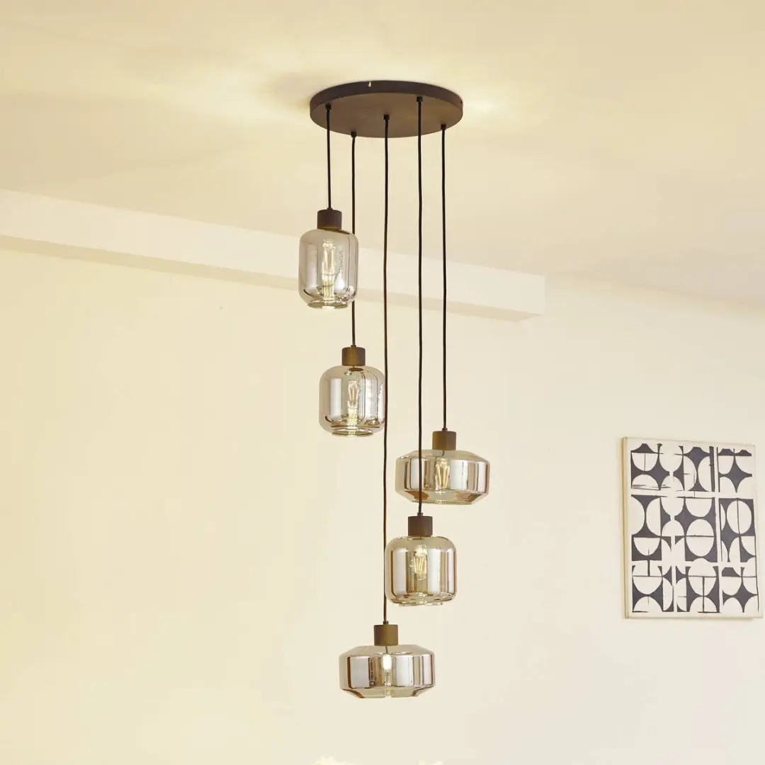 Lindby Hanglamp 5-lichts E27 - 15W - Rookgrijs/Zandzwart