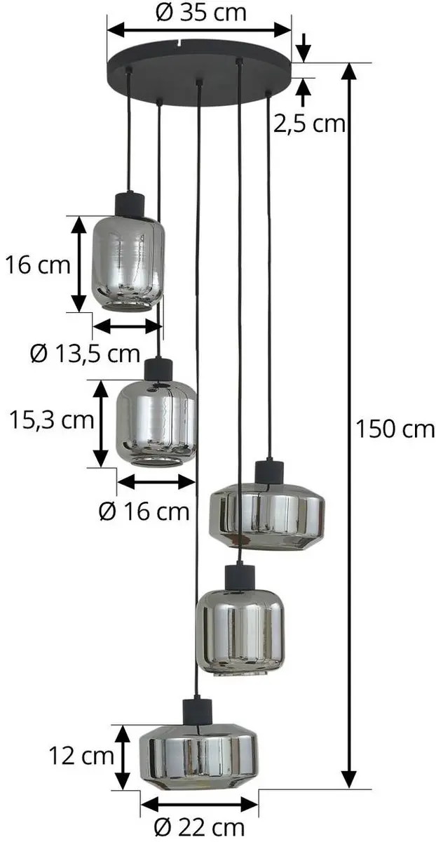 Lindby Hanglamp 5-lichts E27 - 15W - Rookgrijs/Zandzwart
