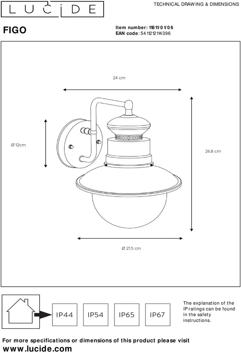 Lucide Figo Wandlamp Ø21,5cm - Zink