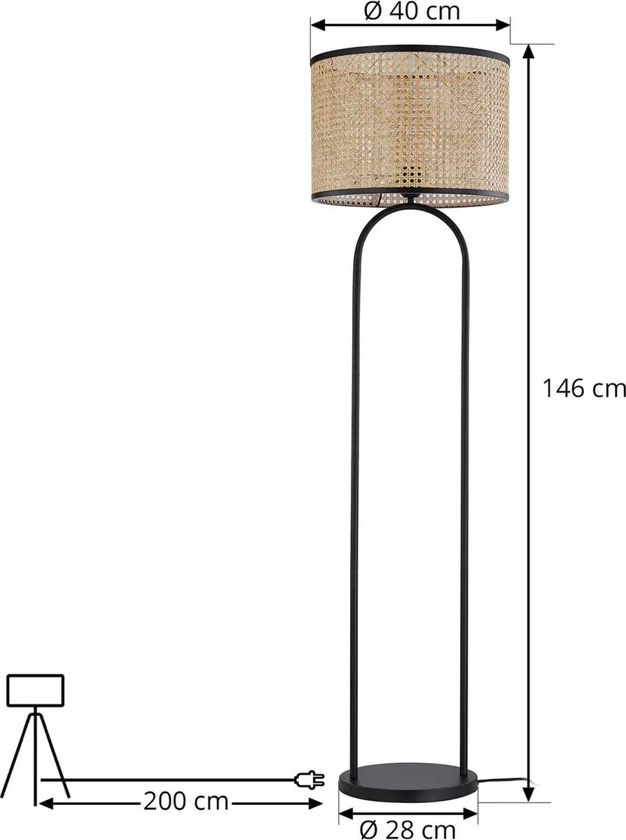 Lindby Vloerlamp Rotan Metaal 146cm - E27 - Hel hout