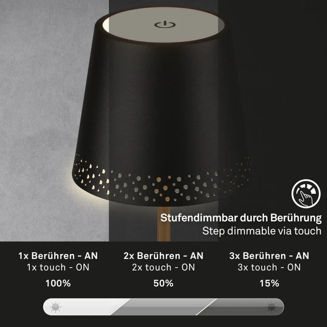 Briloner Kiki Tafellamp Oplaadbaar - USB-C - Ø12cm - Zwart/Hout