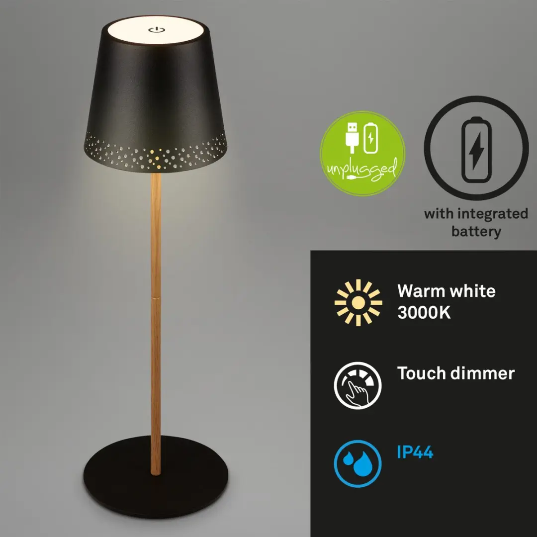 Briloner Kiki Tafellamp Oplaadbaar - USB-C - Ø12cm - Zwart/Hout