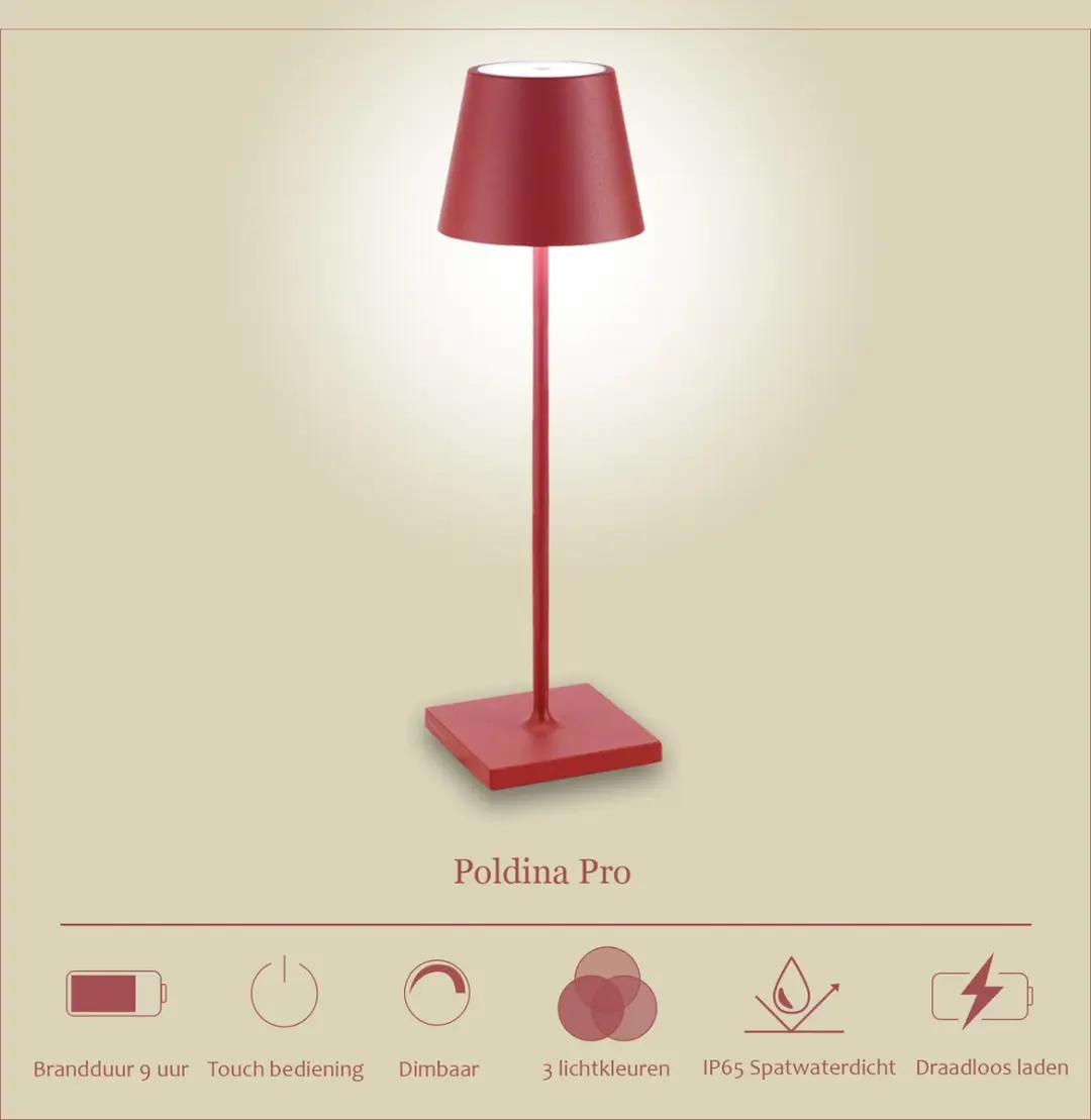 Zafferano Poldina Pro Oplaadbare LED Tafellamp Rood - IP65