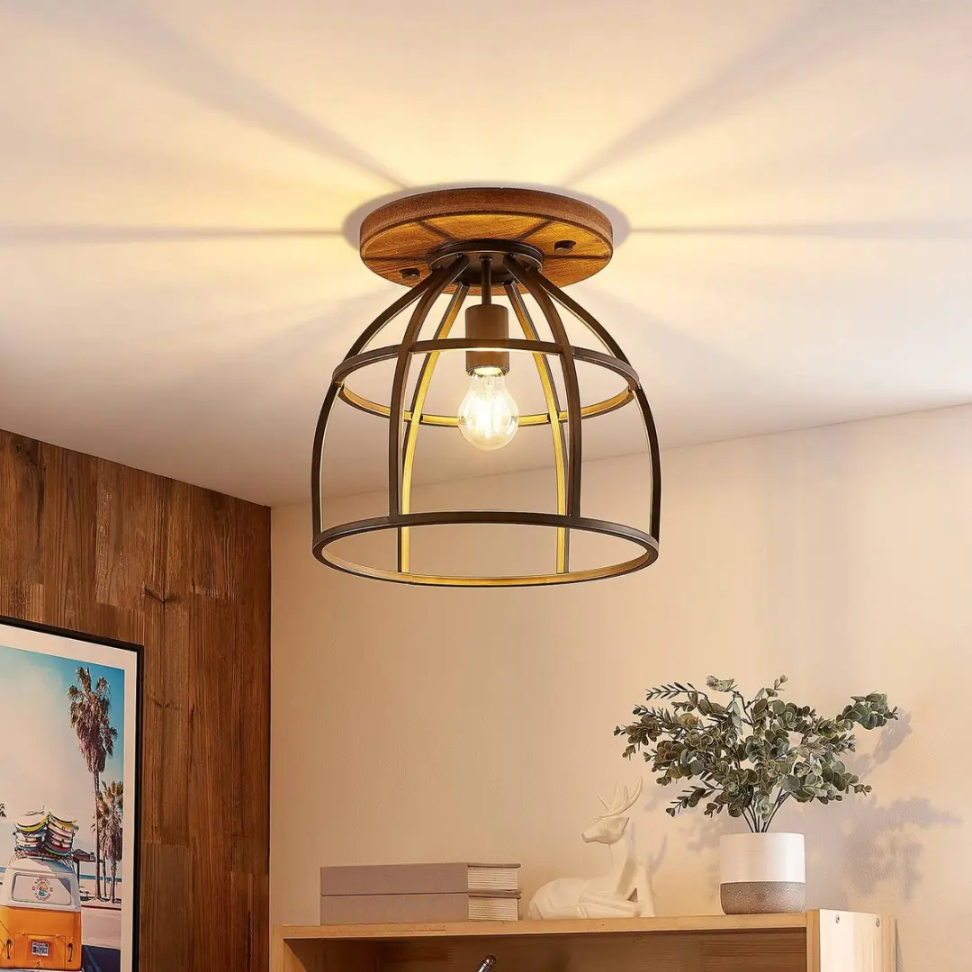 Lindby Plafondlamp Hout 1 Licht E27 - Zwart/Bruin
