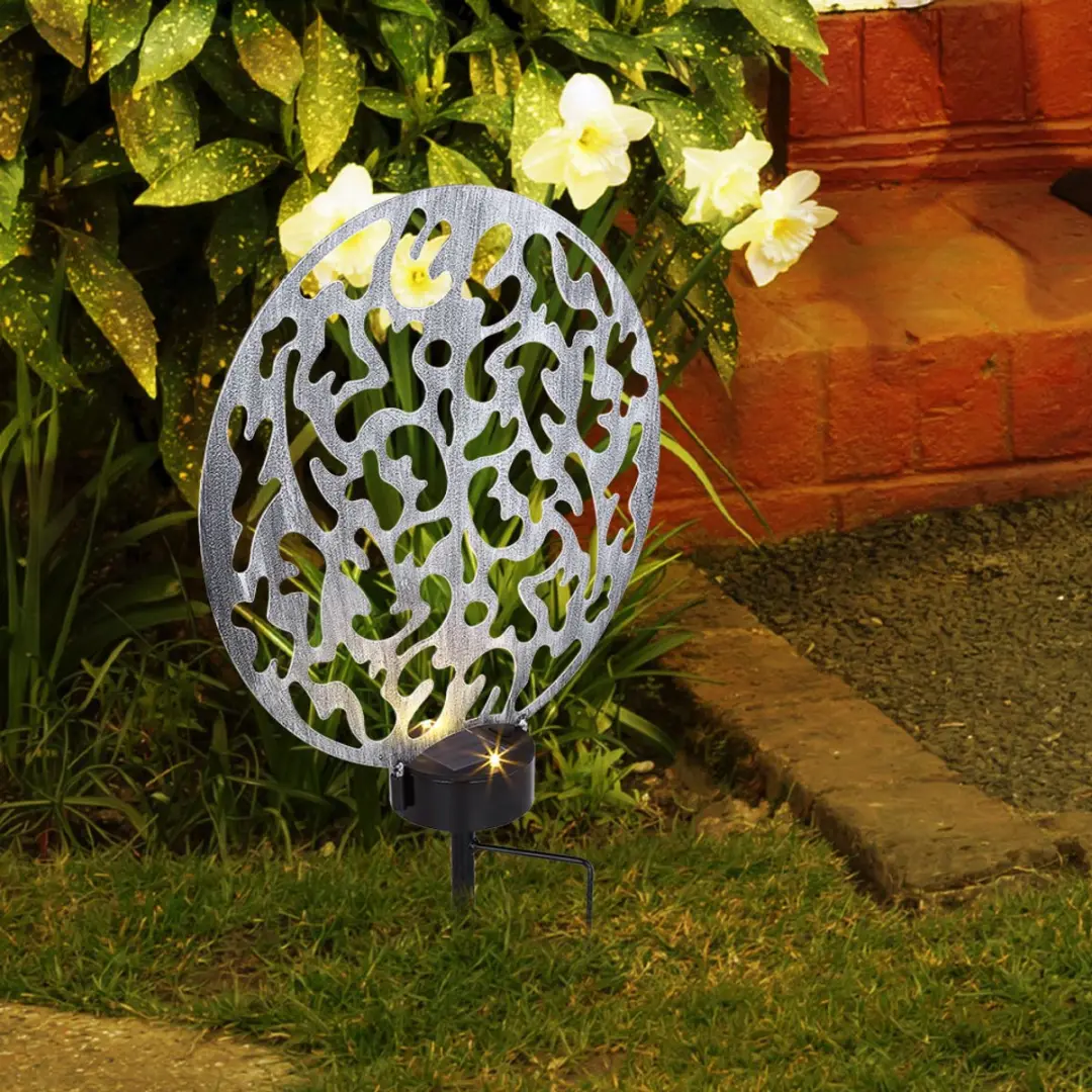 Globo Solar Plug-in Lamp Tuindecoratie Aardespies - Metaal Zilver Antiek - 2x LED Warm Wit 30x10x41cm