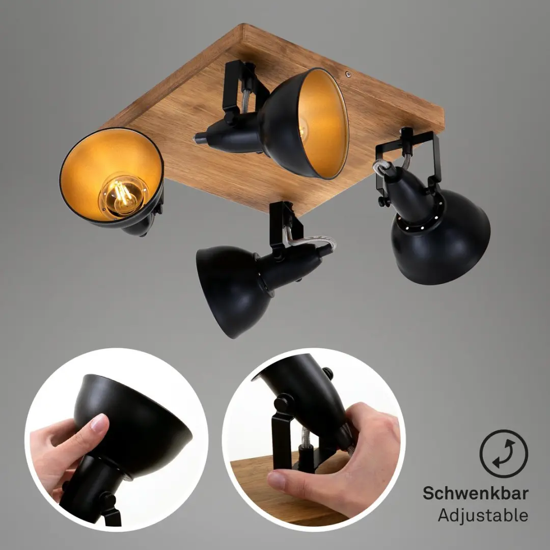 Briloner Wood & Style Plafondlamp 4x E14 - Hout/Metalen spots - Zwart/Goud