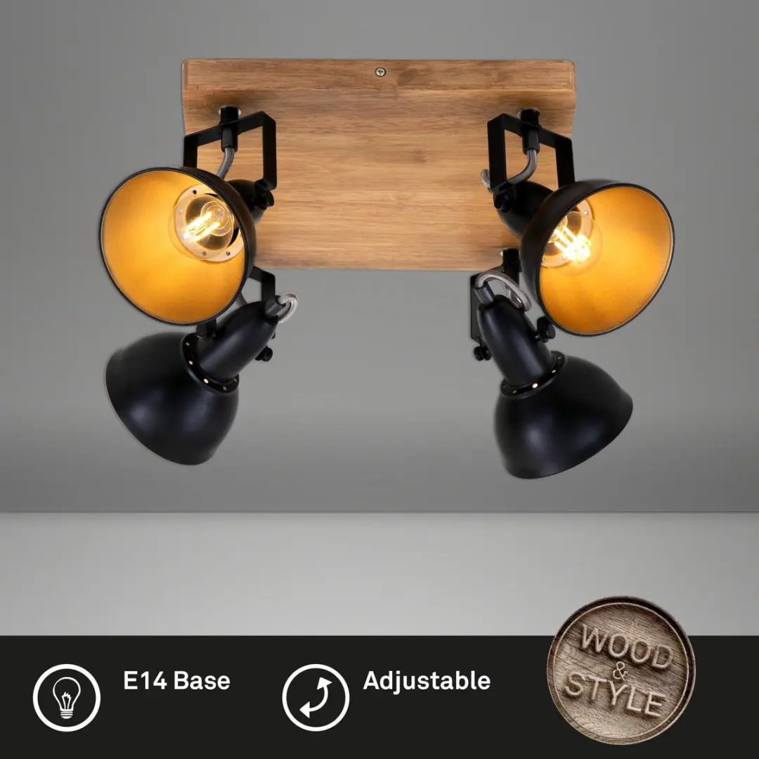 Briloner Wood & Style Plafondlamp 4x E14 - Hout/Metalen spots - Zwart/Goud